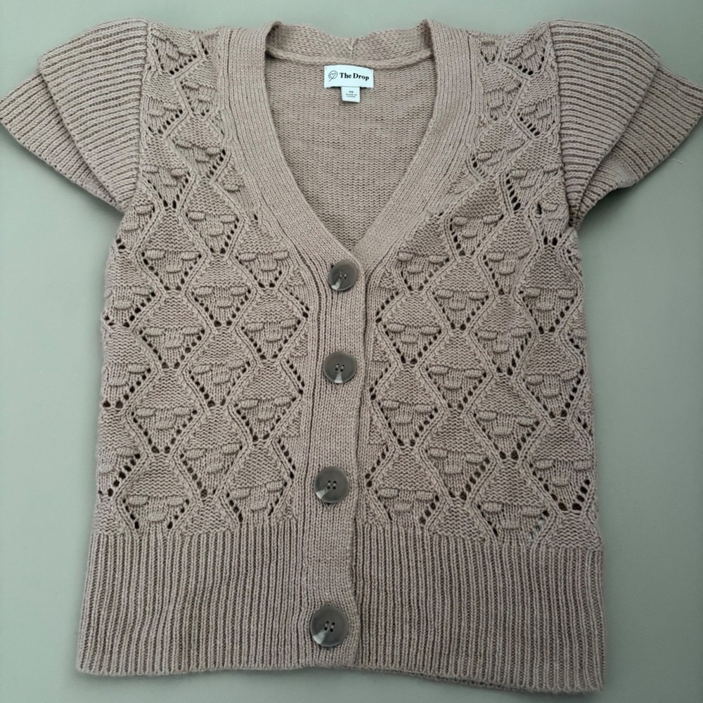 The Drop Beige Diamond Lace Sht Sleeve V Neck Button Up Knit Cardigan Sweater XS